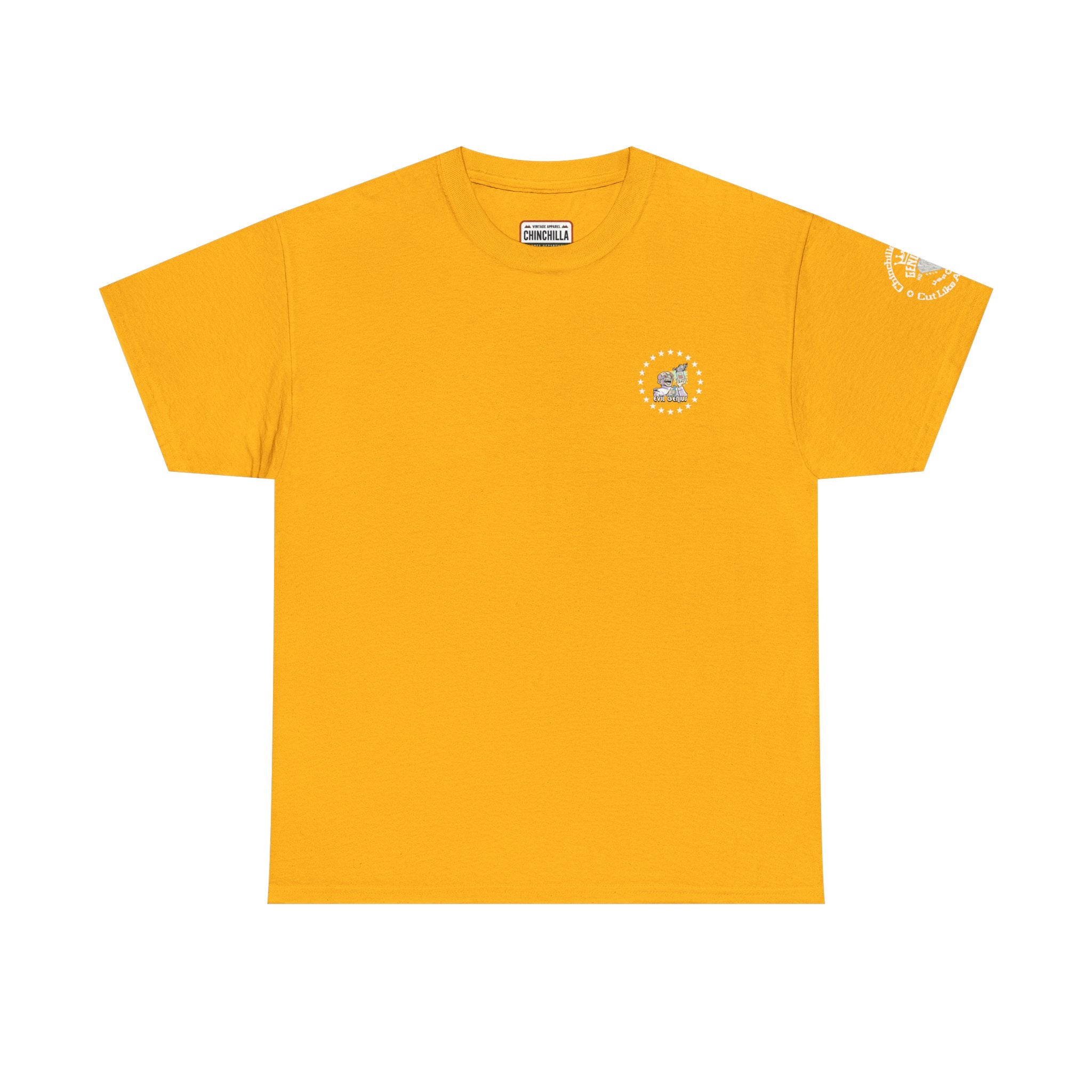 Yellow t-shirt with a small logo on a white background